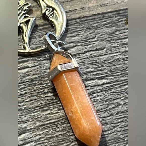 Silver-Tone Fairy & Crescent Moon Pendant Necklace with Orange Stone - fairycore - Picture 3 of 5